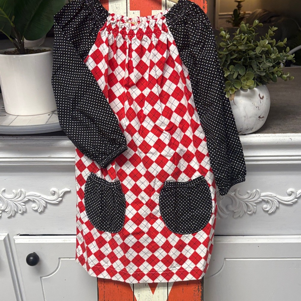 Red and Black Checkered Dress with Polka Dot Sleeves
